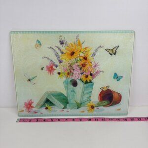 Vtg Tempered Clear Glass Cutting Board Garden Floral Flowers Summer Spring Image